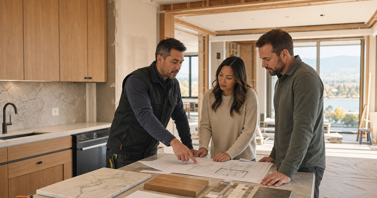 A contractor reviews renovation plans and material samples with two homeowners in a Kelowna home