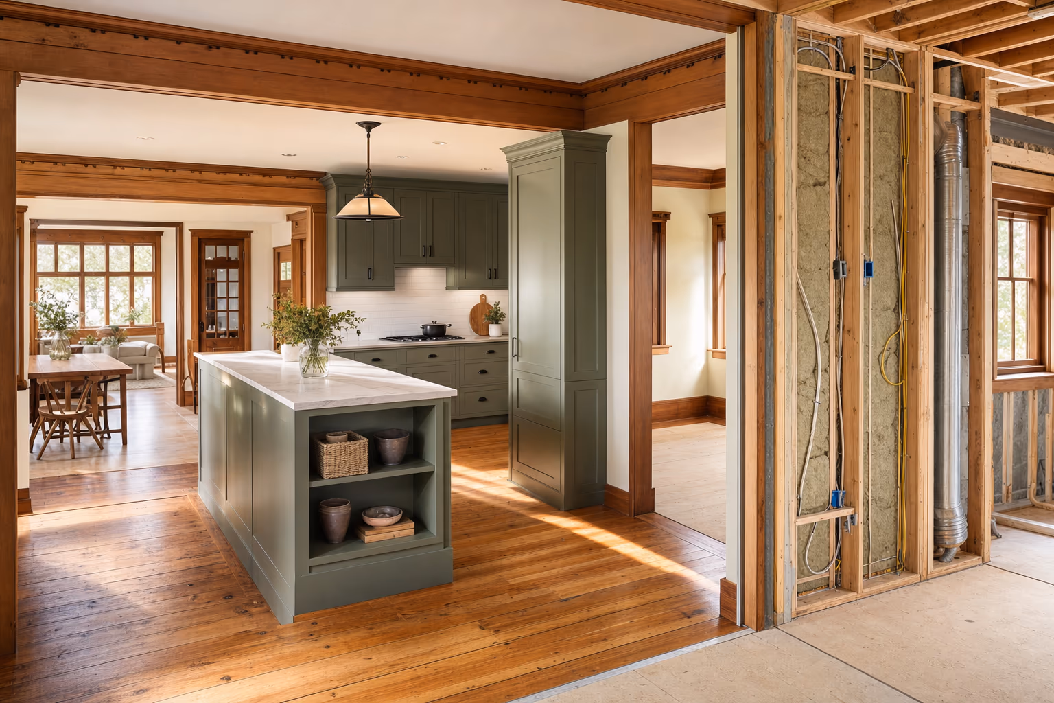 Heritage home renovation in Vernon — restored fir flooring, craftsman details, modern kitchen with period-appropriate cabinetry — Nailed It Developments